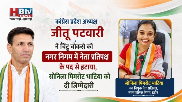 कांग्रेस प्रदेश अध्यक्ष जीतू पटवारी ने चिंटू चौकसे को नगर निगम में नेता प्रतिपक्ष के पद से हटाया, सोनिला मिमरोट भाटिया को दी जिम्मेदारी