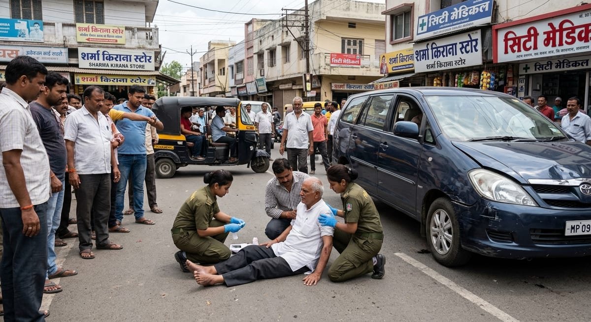 इंदौर सड़क हादसे का दृश्य, जिसमें इनोवा कार और घायल लोग शामिल हैं।
