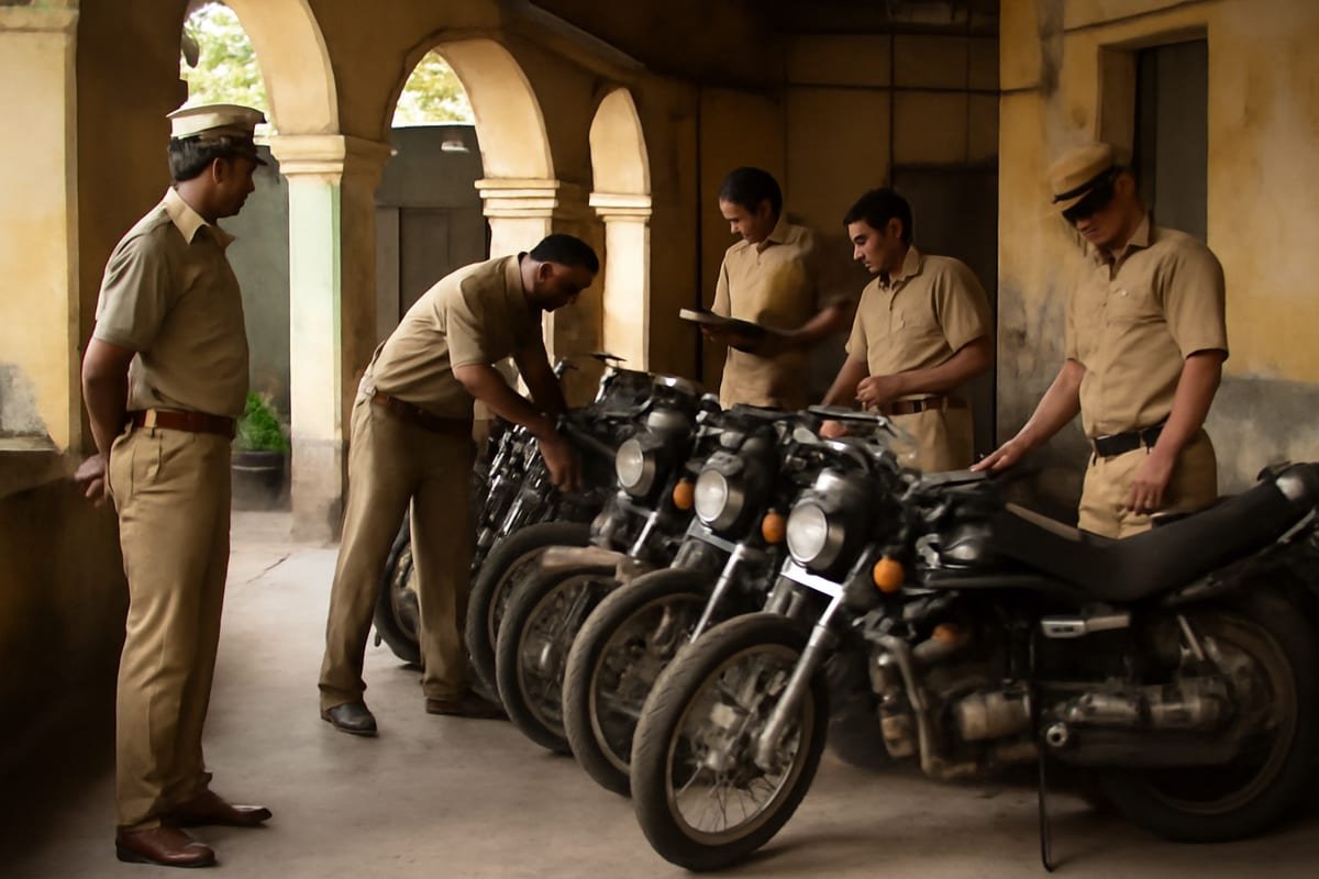इंदौर: नाबालिगों से चोरी कराते थे दुपहिया, 4 गिरफ्तार 1 भारतीय पुलिस स्टेशन में जब्त मोटरसाइकिलों की जांच कर रहे पुलिस अधिकारी।