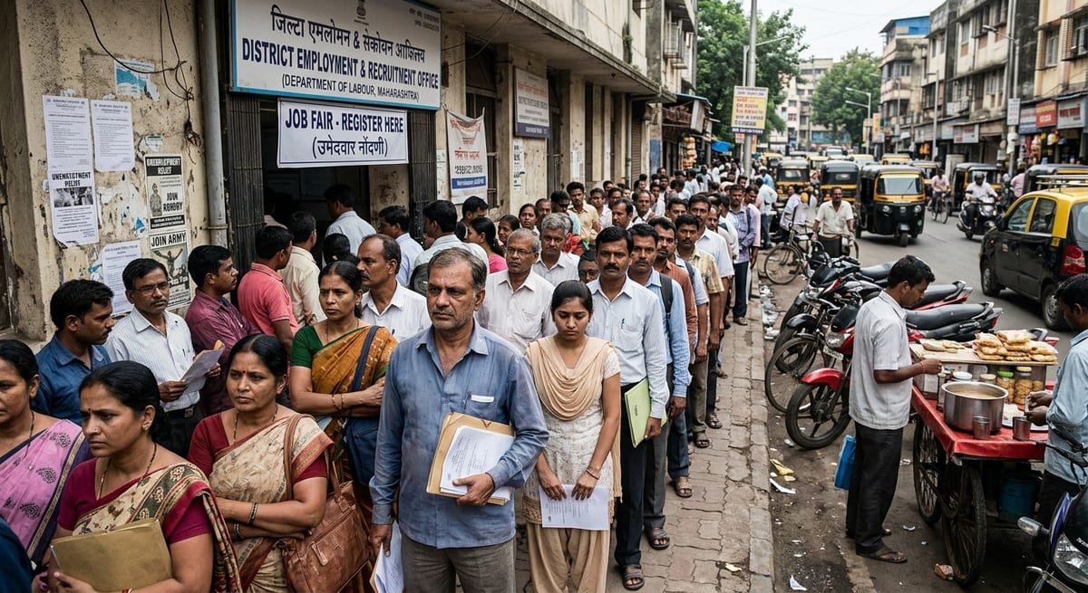 भारत में बेरोजगारी का एक दृश्य, लोग नौकरी कार्यालय के बाहर कतार में खड़े हैं।