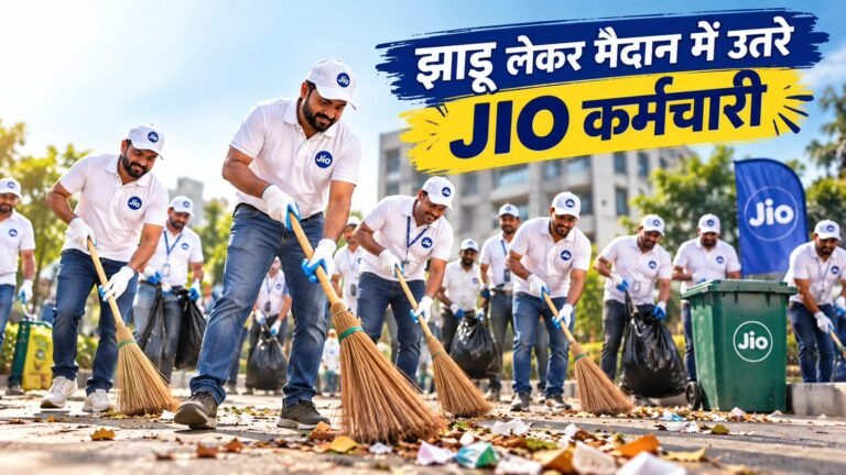 जियो कर्मचारियों द्वारा रेलवे स्टेशन पर स्वच्छता अभियान करते हुए