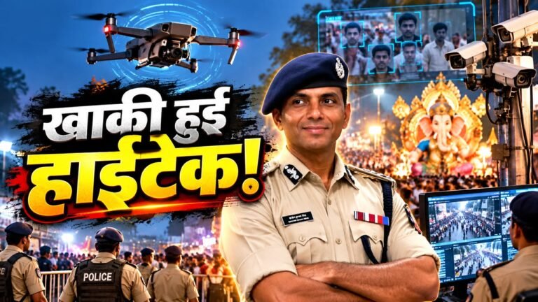 अनंत चतुर्दशी पर पुलिस ड्रोन और तकनीक से सुरक्षा करती हुई