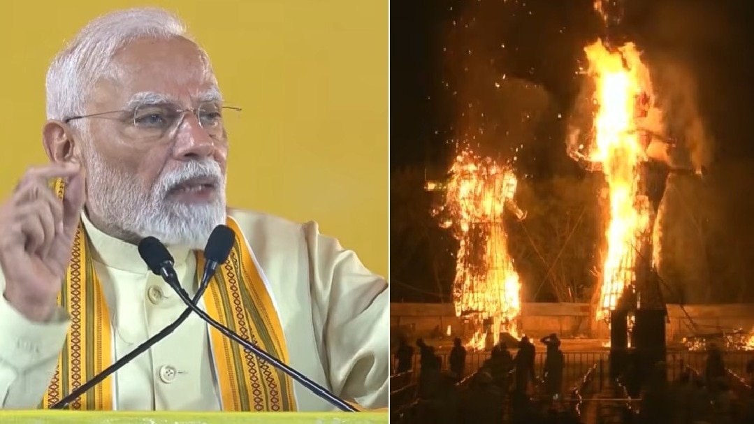 प्रधानमंत्री मोदी रावण दहन मंच से देश के दुश्मन संबोधित करते हुए